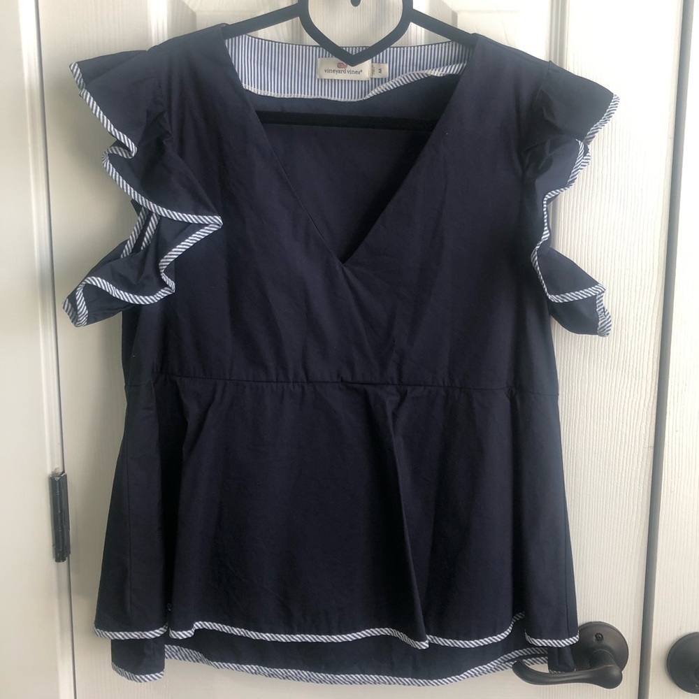 Vineyard Vines Navy Ruffle Peplum Top | Size M | Seersucker Trim - Picture 11 of 16